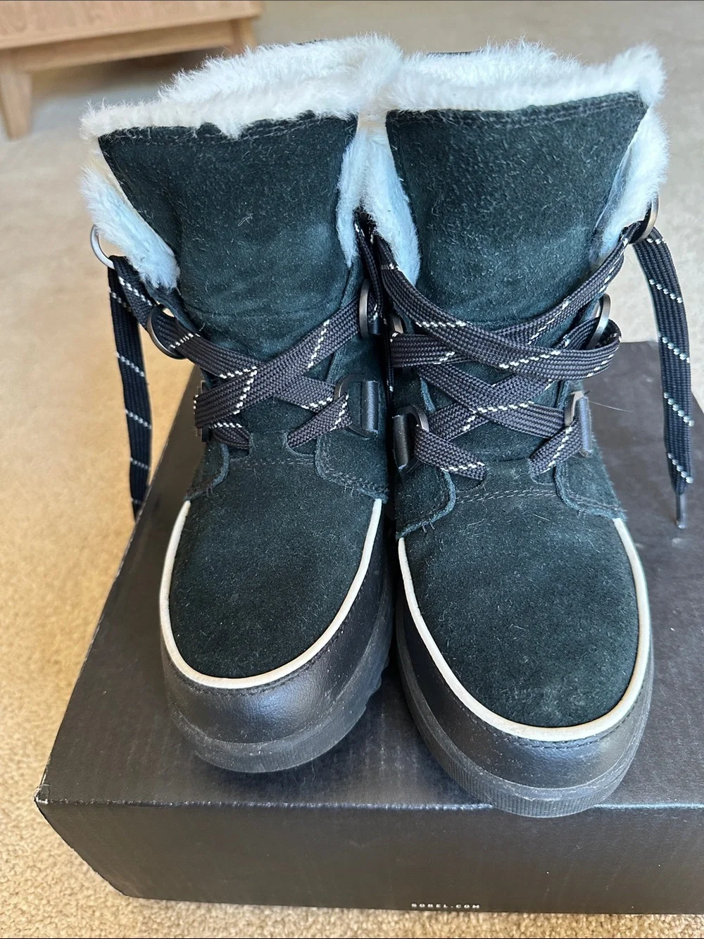 Sorel Black Waterproof Suede Winter Boot with White Faux Fur Collar